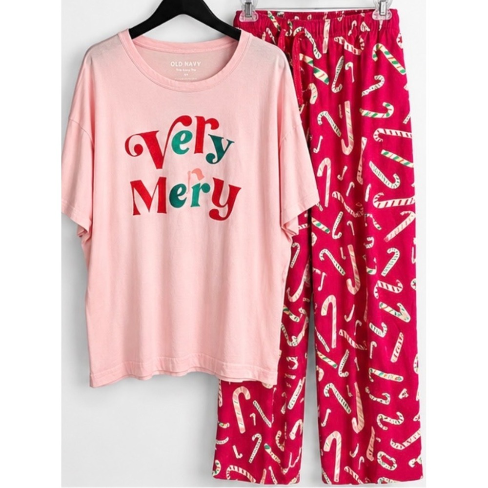 Old Navy Womens Very Merry Candy Cane Pajama Set Pink Red 3X XXL Holiday PJ Set